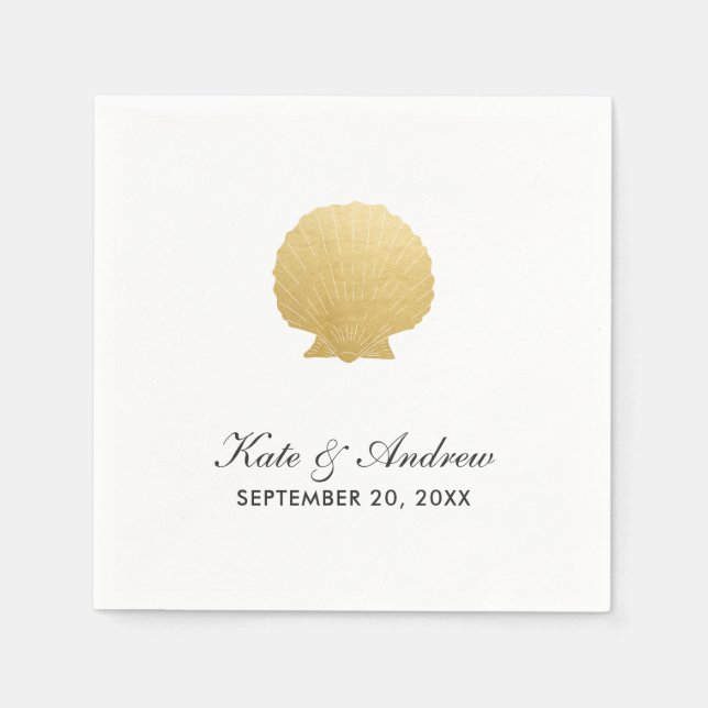 Seashell Faux Gold Foil | Ocean Wedding Napkins (Front)