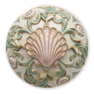Seashell Faux Relief Sea Shell Cream Gold & Green Ceramic Knob