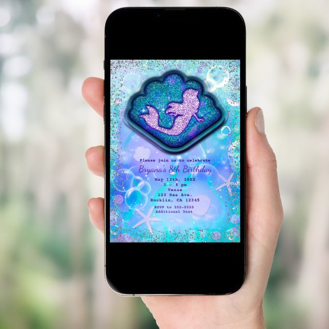 Seashell Fit for a Mermaid Glitter Birthday Party Invitation (Front Digital)