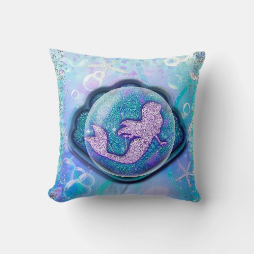 Seashell Fit for a Mermaid Glitter Girls Magical Throw Pillow