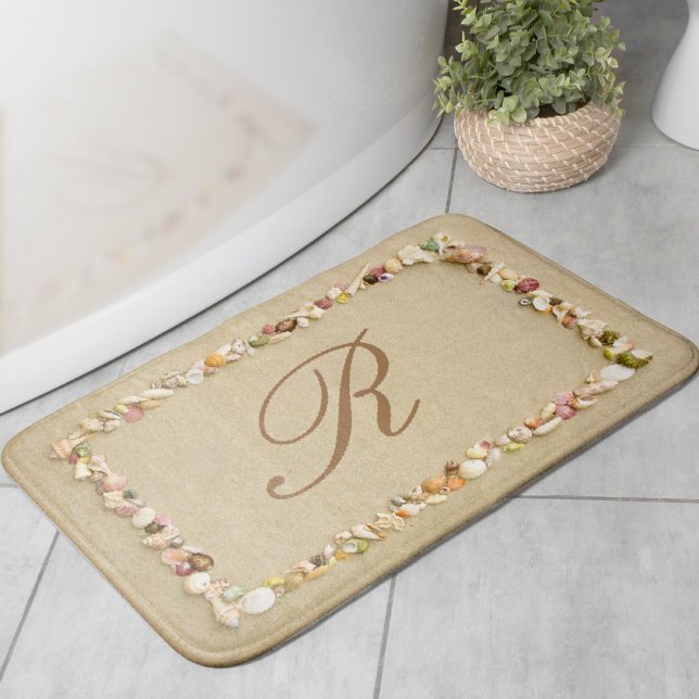 Seashell Frame on Beach Sand with Monogram Bathroom Mat (Creator Uploaded)