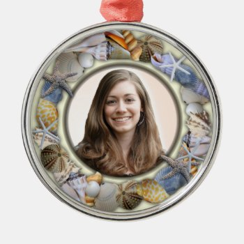 Seashell Frame  Round Picture Christmas Ornament by holiday_store at Zazzle