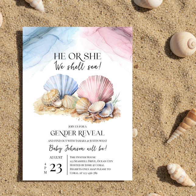Seashell Gender Reveal He or She We Shell Sea Invitation (He or She We Shell Sea Coastal Gender Reveal Invitation by Darling & May)