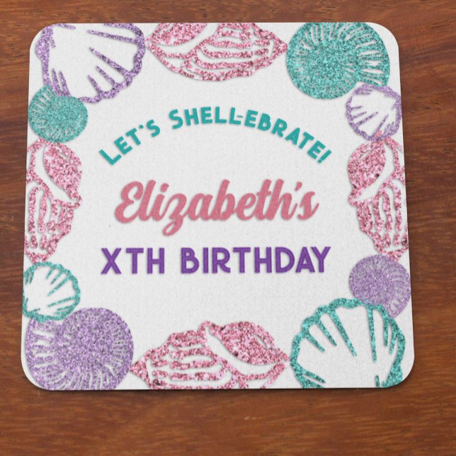 Seashell Girls Birthday Square Paper Coaster (Creator Uploaded)