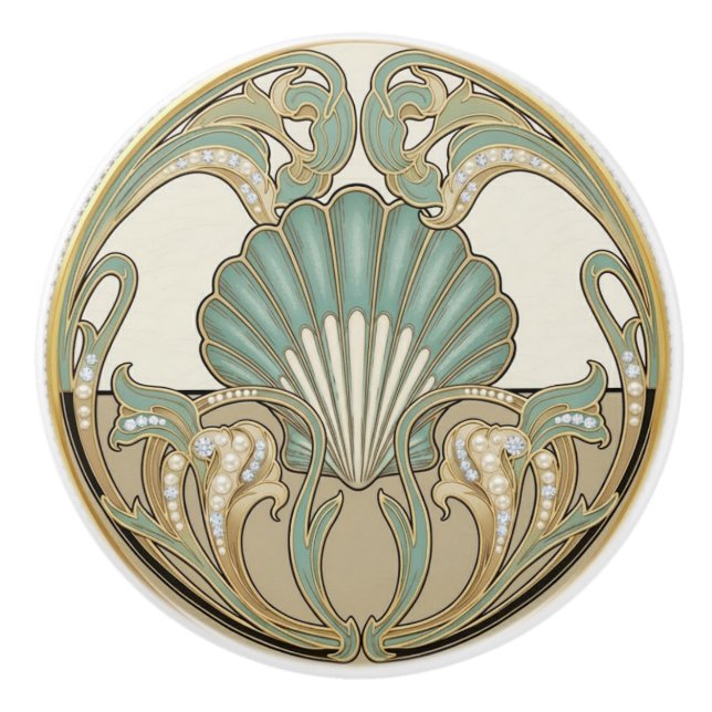 Seashell Green Cream & Gold Art Deco Nouveau Shell Ceramic Knob (Front)