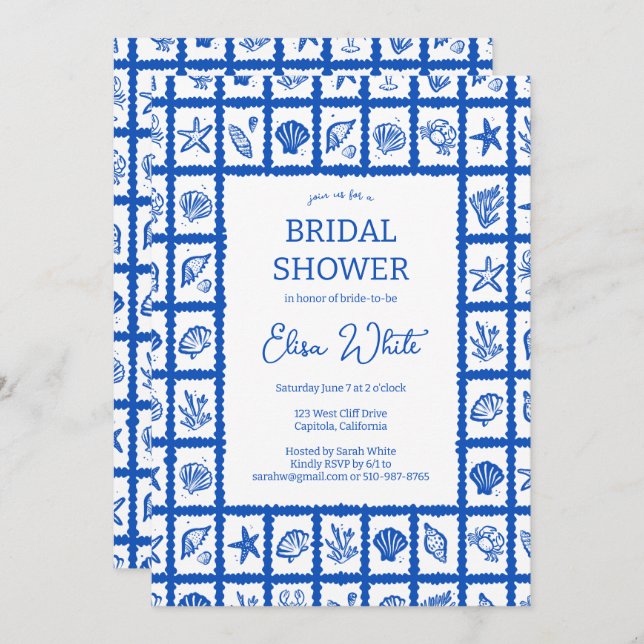 Seashell Grid Beach Bridal Shower Blue CUSTOM QR Invitation (Front/Back)
