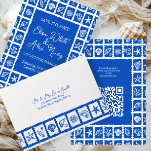 Seashell Grid Beach Wedding Blue White CUSTOM  Envelope
