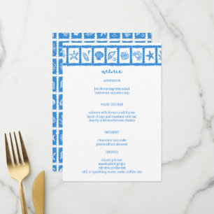 Seashell Grid Beach Wedding Blue White CUSTOM Menu