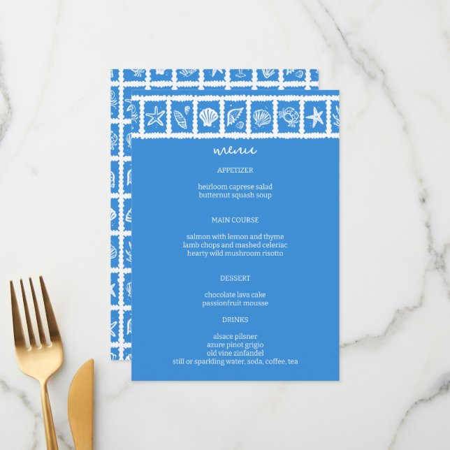 Seashell Grid Beach Wedding Blue White CUSTOM  Menu (Front/Back In Situ)