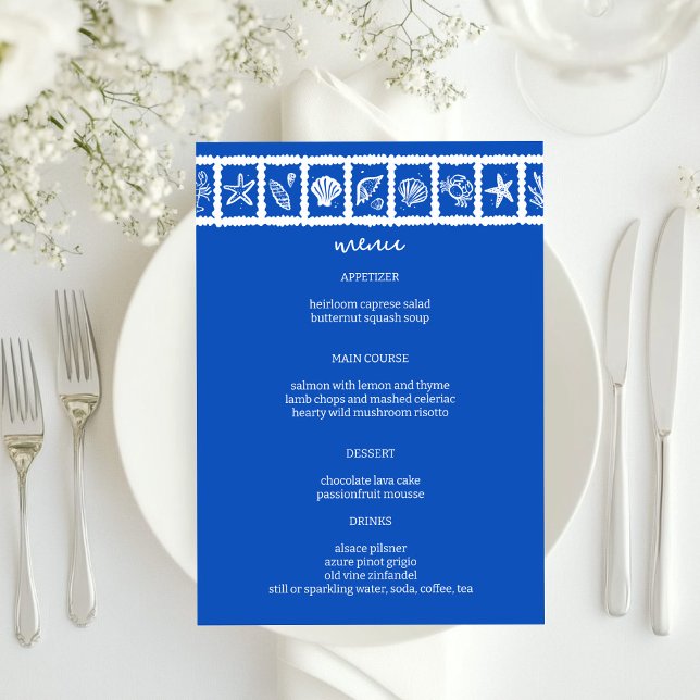 Seashell Grid Beach Wedding Blue White CUSTOM  Menu (Seashell Grid Beach Wedding Blue White CUSTOM Menu
)