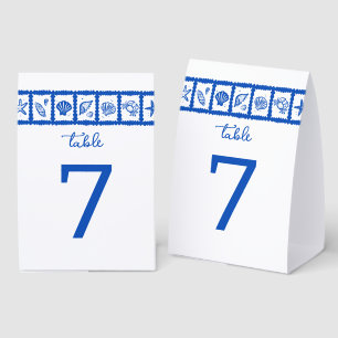 Seashell Grid Beach Wedding Blue White CUSTOM Paper Table Tent