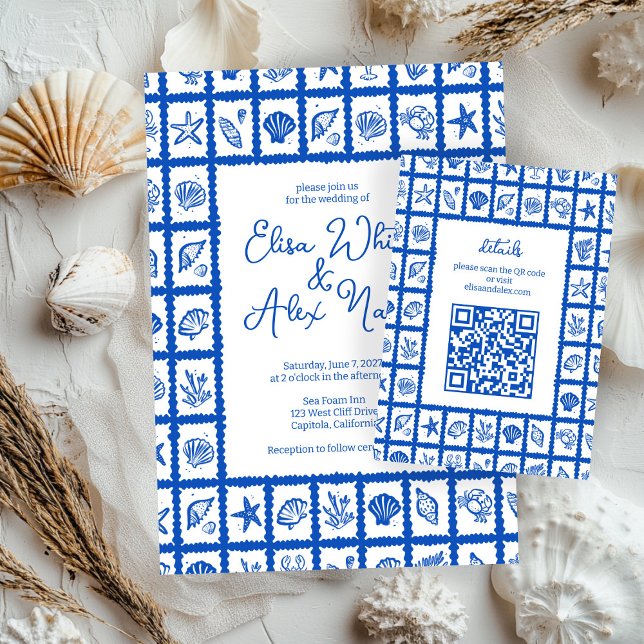 Seashell Grid Beach Wedding CUSTOM QR Code Enclosure Card (Seashell Grid Beach Wedding CUSTOM QR Code Enclosure Card
)