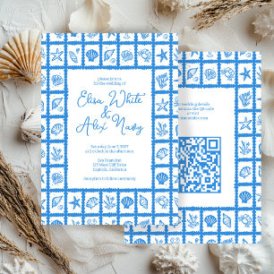 Seashell Grid Beach Wedding CUSTOM QR Code Invitation