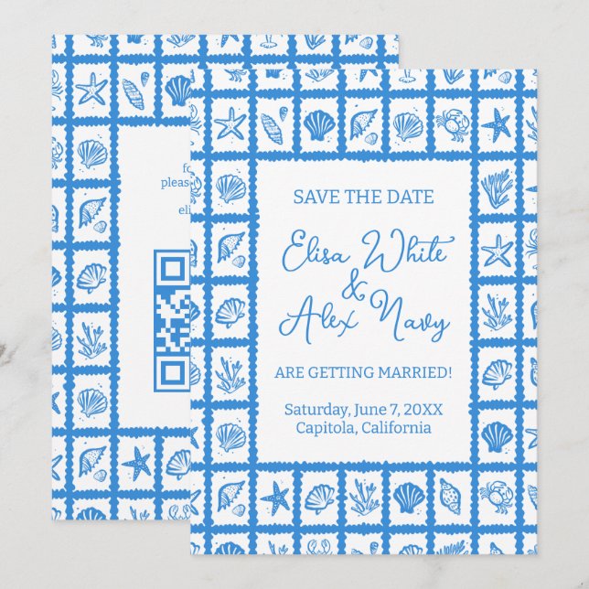 Seashell Grid Beach Wedding CUSTOM QR Code Save The Date (Front/Back)