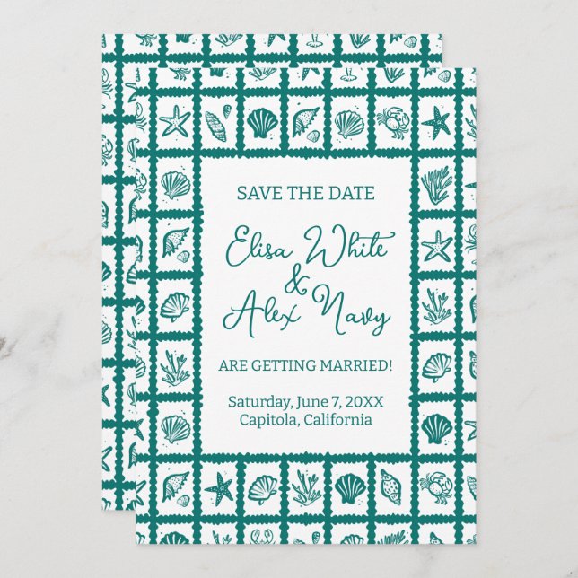 Seashell Grid Beach Wedding CUSTOM QR Code Save The Date (Front/Back)