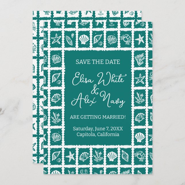 Seashell Grid Beach Wedding CUSTOM QR Code Save The Date (Front/Back)