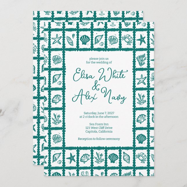 Seashell Grid Beach Wedding Green CUSTOM QR Code Invitation (Front/Back)
