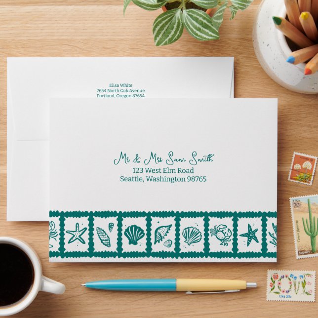 Seashell Grid Beach Wedding Green White CUSTOM  Envelope (Desk)
