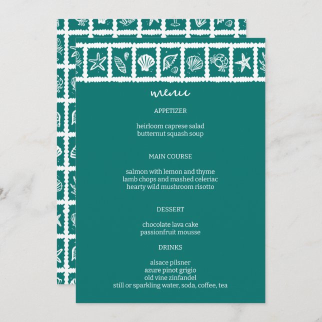 Seashell Grid Beach Wedding Green White CUSTOM  Menu (Front/Back)