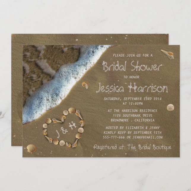 Seashell Heart Beach Bridal Shower Invitations (Front/Back)