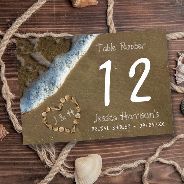 Seashell Heart Beach Bridal Shower Table Number (Creator Uploaded)