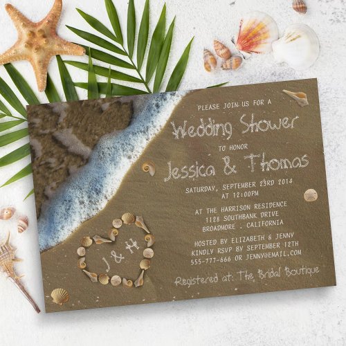 Seashell Heart Beach Wedding Shower Invitations