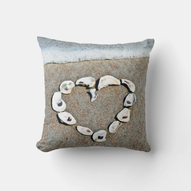 Seashell Heart on the Beach Throw Pillow (Front)