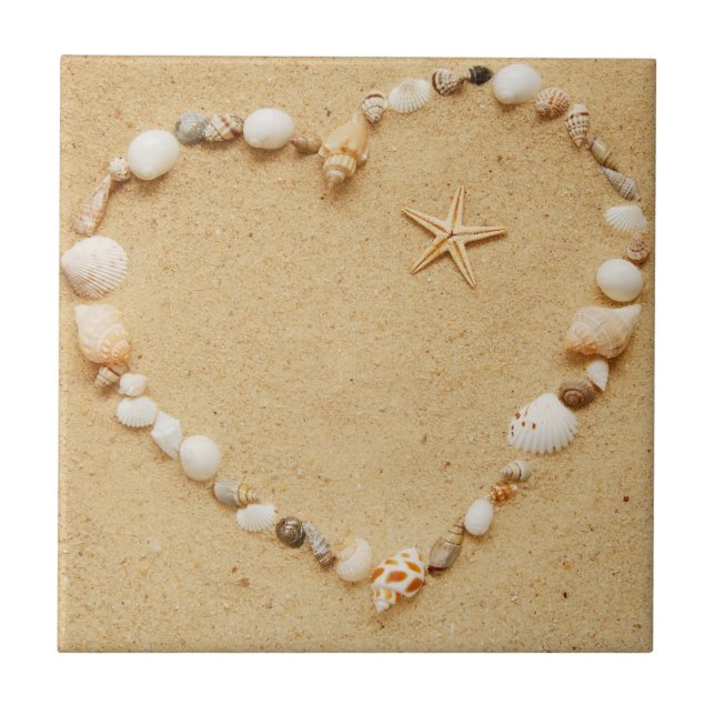 Seashell Heart with Starfish Ceramic Tile (Front)