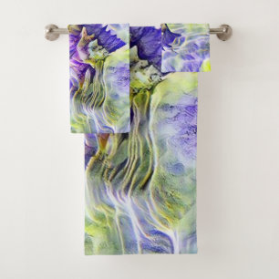 Seashell in sea blue purple watercolor painting bath towel set