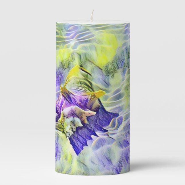 Seashell in sea blue purple watercolor painting pillar candle (Front)