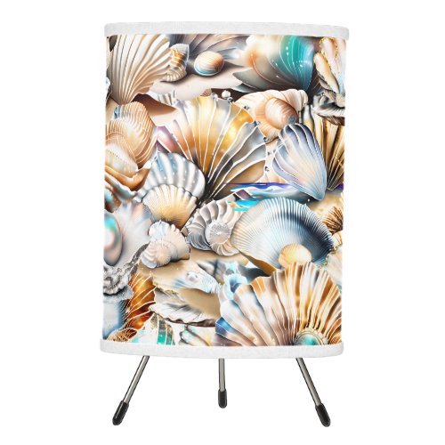 Seashell iridescent beach shell collage pattern tripod lamp