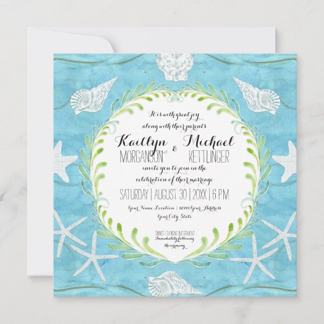 Seashell Leaf Wreath Ocean Beach Watercolor Shells Invitation (Front)