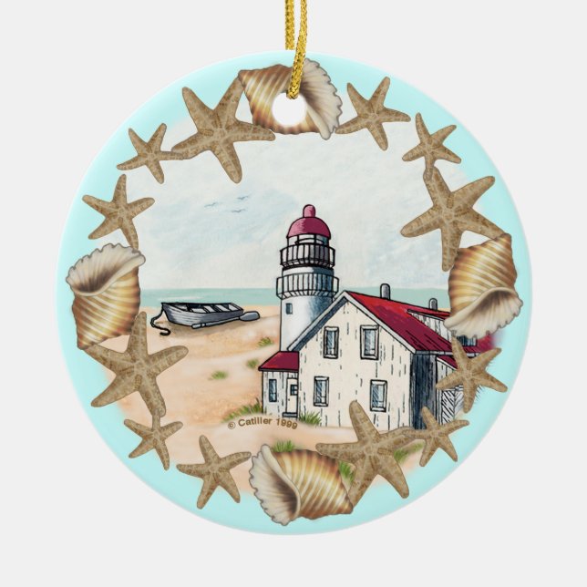 Seashell Lighthouse Ceramic Ornament (Front)