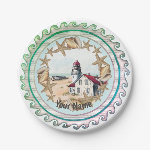Seashell Lighthouse custom name paper plate