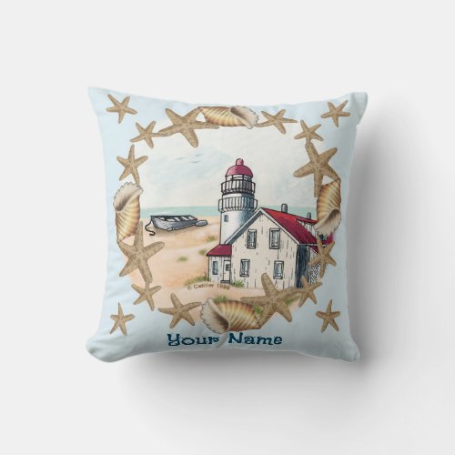 Seashell Lighthouse custom name  Throw Pillow