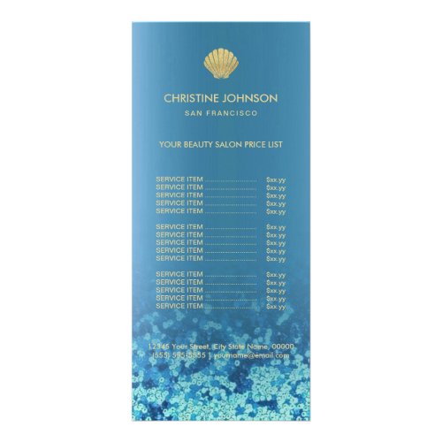 seashell logo price list on blue water rack card