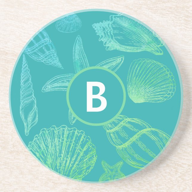 Seashell Monogram Name Blue Teal Beach Shell Round Coaster (Front)