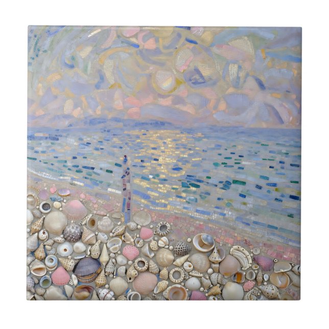 Seashell Mosaic Beach Horizon Glow Ceramic Tile (Front)