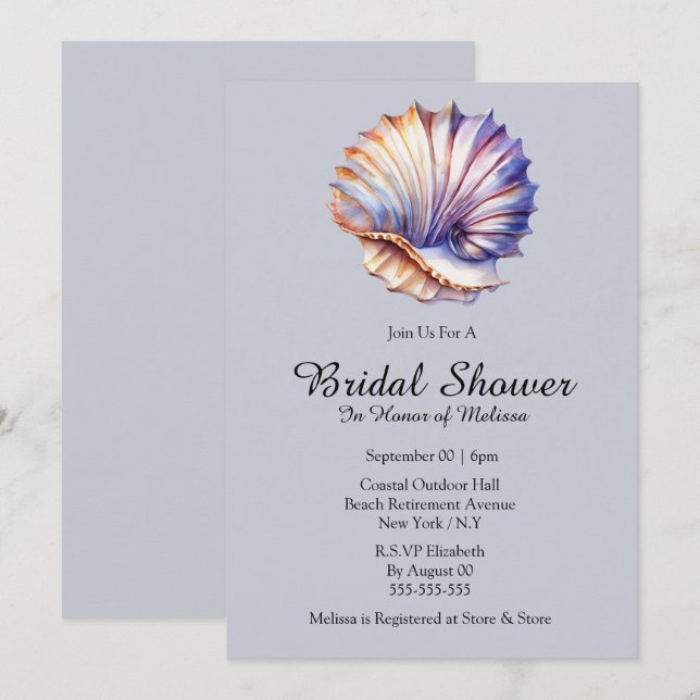 Seashell nautical beach bridal shower dusty blue invitation (Front/Back)