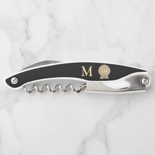 Seashell Nautical Monogram Initial Gold Black Waiters Corkscrew