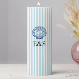 Seashell Nautical Wedding Monogram Blue Stripe Pillar Candle