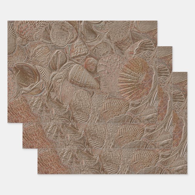 Seashell Ocean Beach Gold Sepia Elegant Decoupage Wrapping Paper Sheets (Set)
