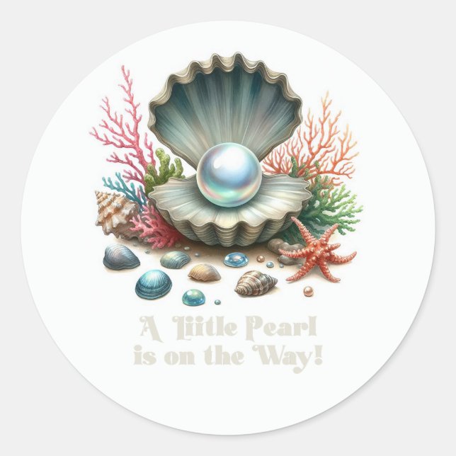 Seashell & Ocean Theme Little Pearl Baby Shower Classic Round Sticker (Front)