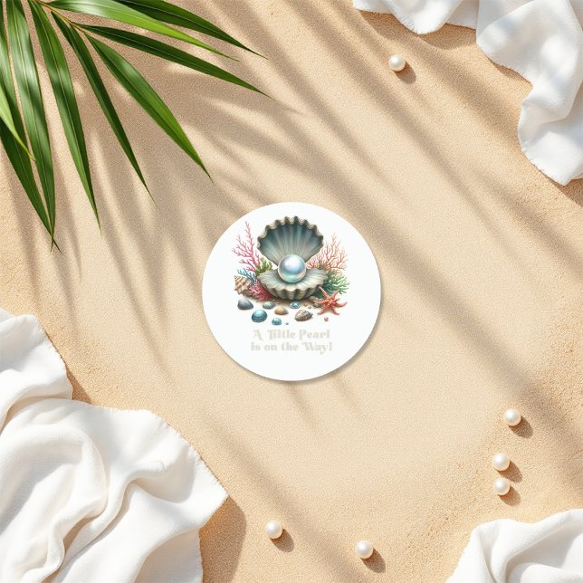 Seashell & Ocean Theme Little Pearl Baby Shower Classic Round Sticker (Seashell & Ocean Theme Little Pearl Baby Shower Classic Round Sticker)
