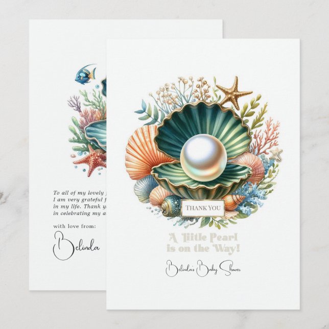 Seashell & Ocean Theme Little Pearl Baby Shower Thank You Card (Front/Back)