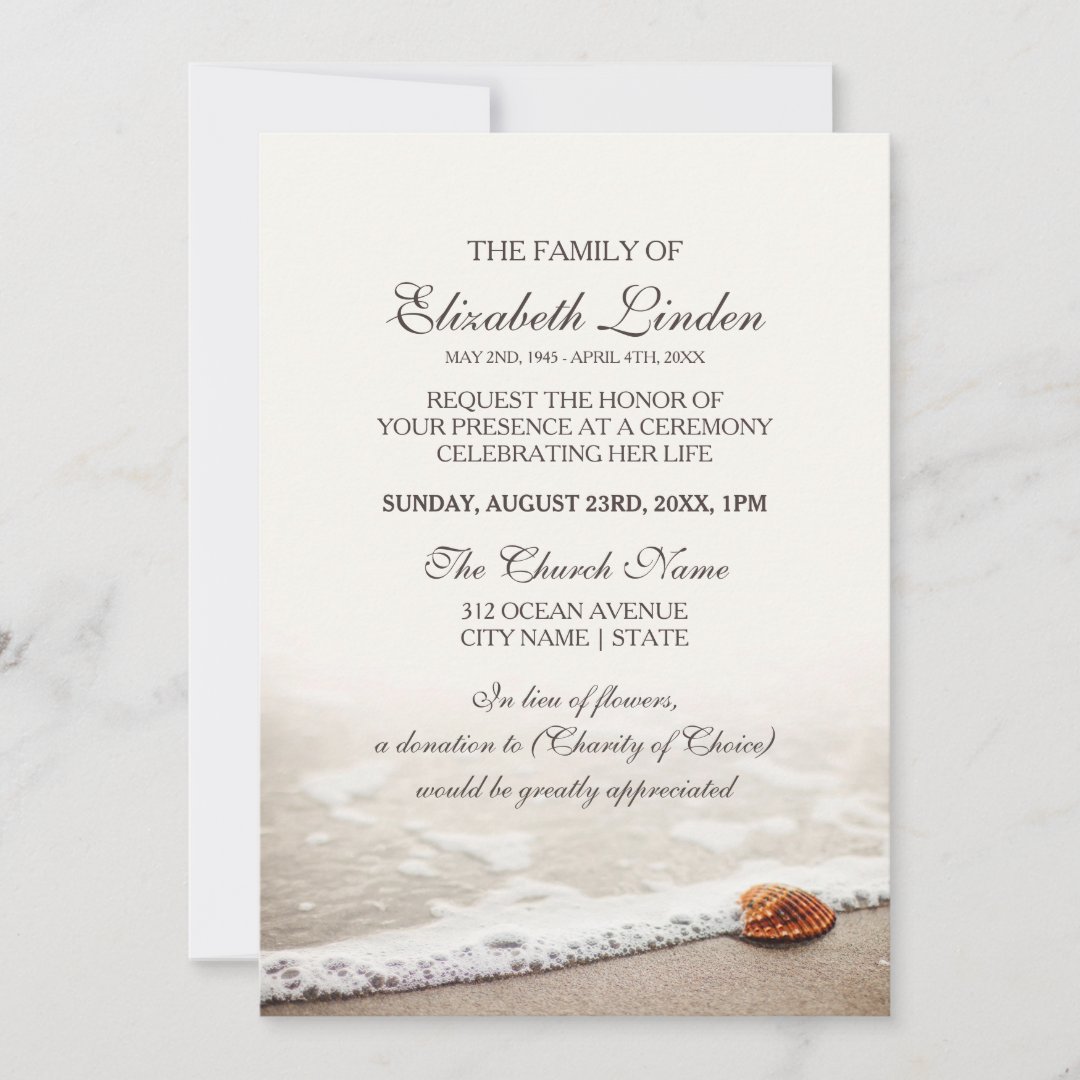 Seashell on the Beach Memorial Service Invitation Zazzle