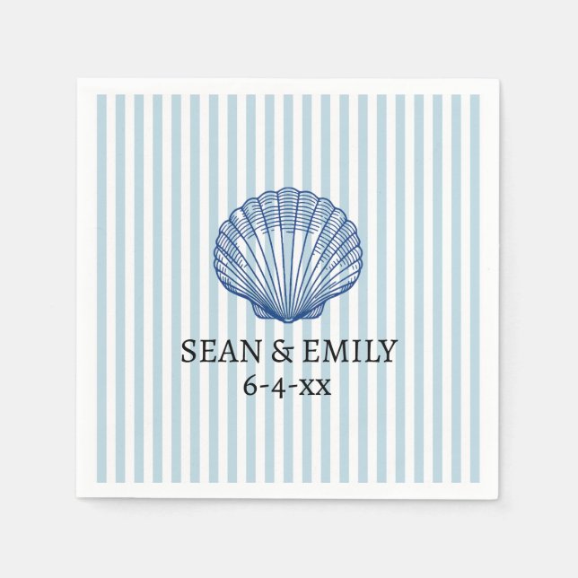 Seashell Painting Nautical Stripe Wedding Napkins (Front)