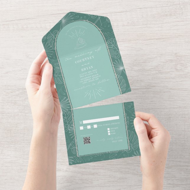 Seashell Palm Aqua Beach Wedding QR RSVP All In One Invitation (Tearaway)
