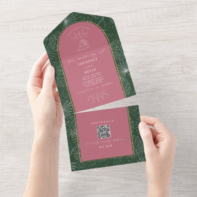 Seashell Palm Tree Beach Wedding QR Code RSVP All In One Invitation (Tearaway)