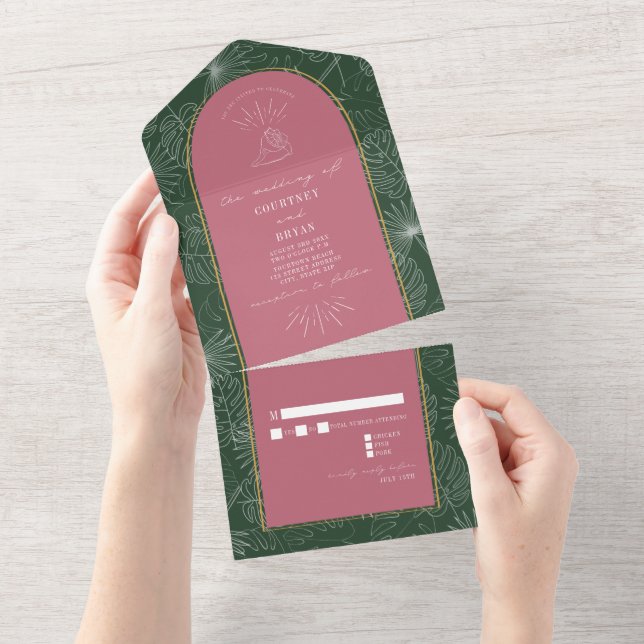 Seashell Palm Tree Beach Wedding RSVP All In One I Invitation (Tearaway)